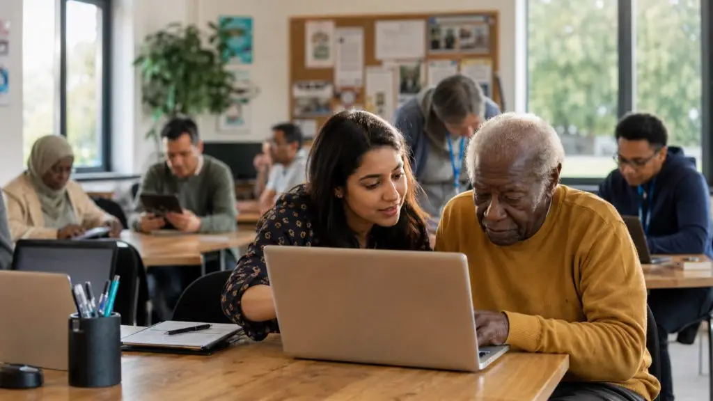 A digital champion helping an older man with a laptop at a community class